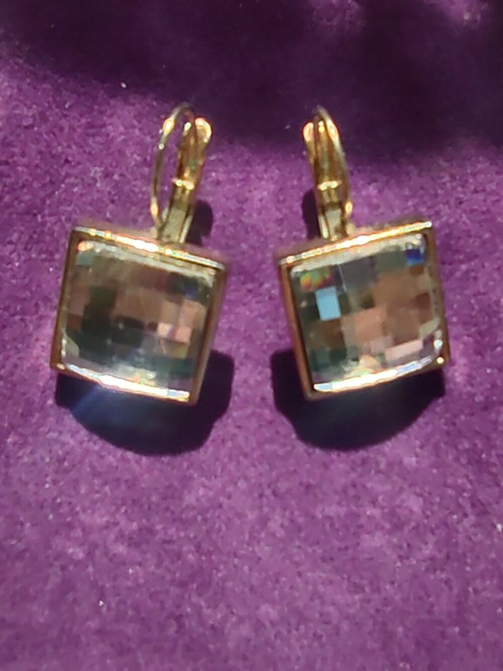 Vintage Square Crystal  Earrings, Gold Tone Faceted Glass Earrings
